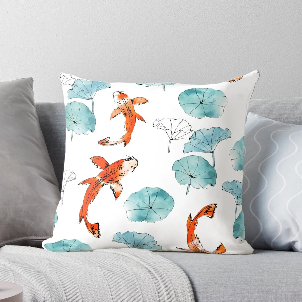 Vibrant watercolor-style image of a waterlily and koi fish on a decorative pillow