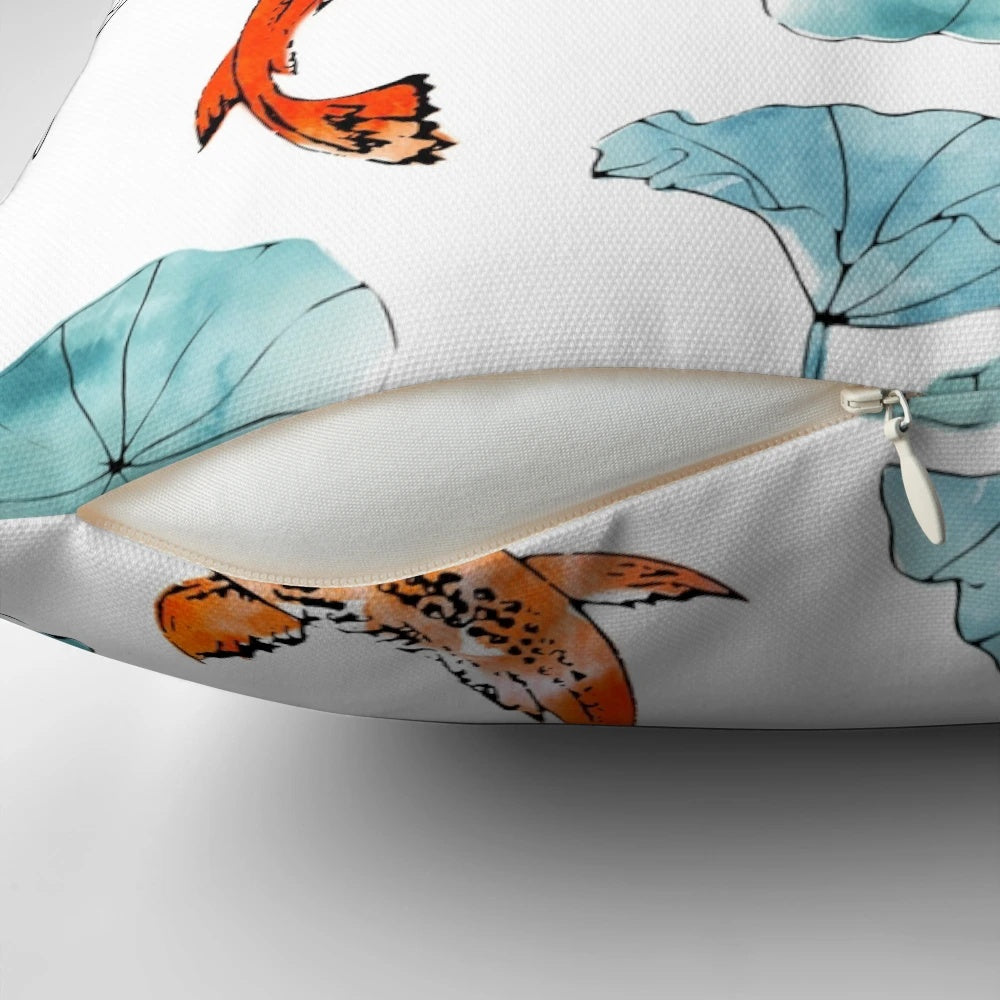 Vibrant watercolor-style image of a waterlily and koi fish on a decorative pillow