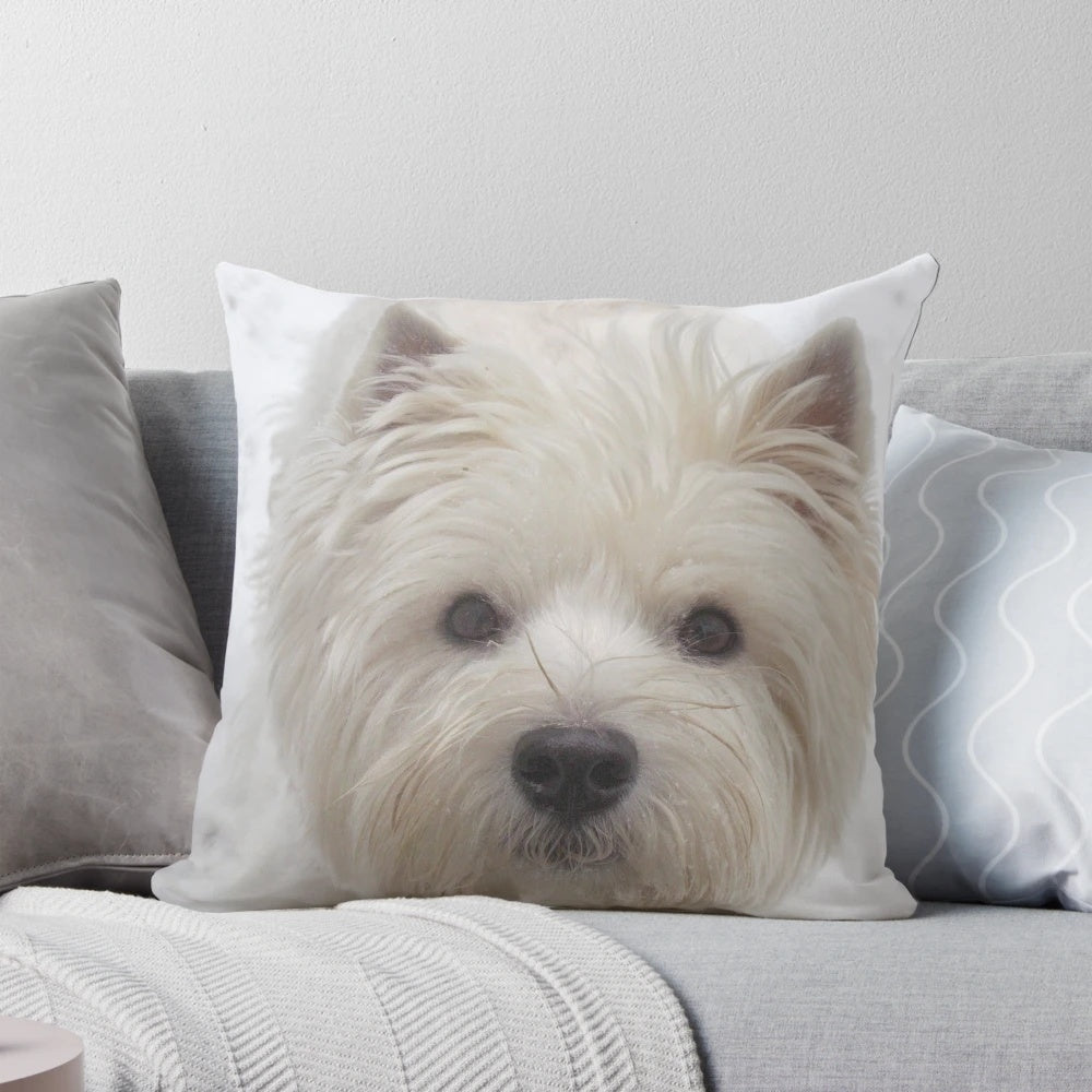 A soft, white decorative pillow featuring a Westie-inspired design.