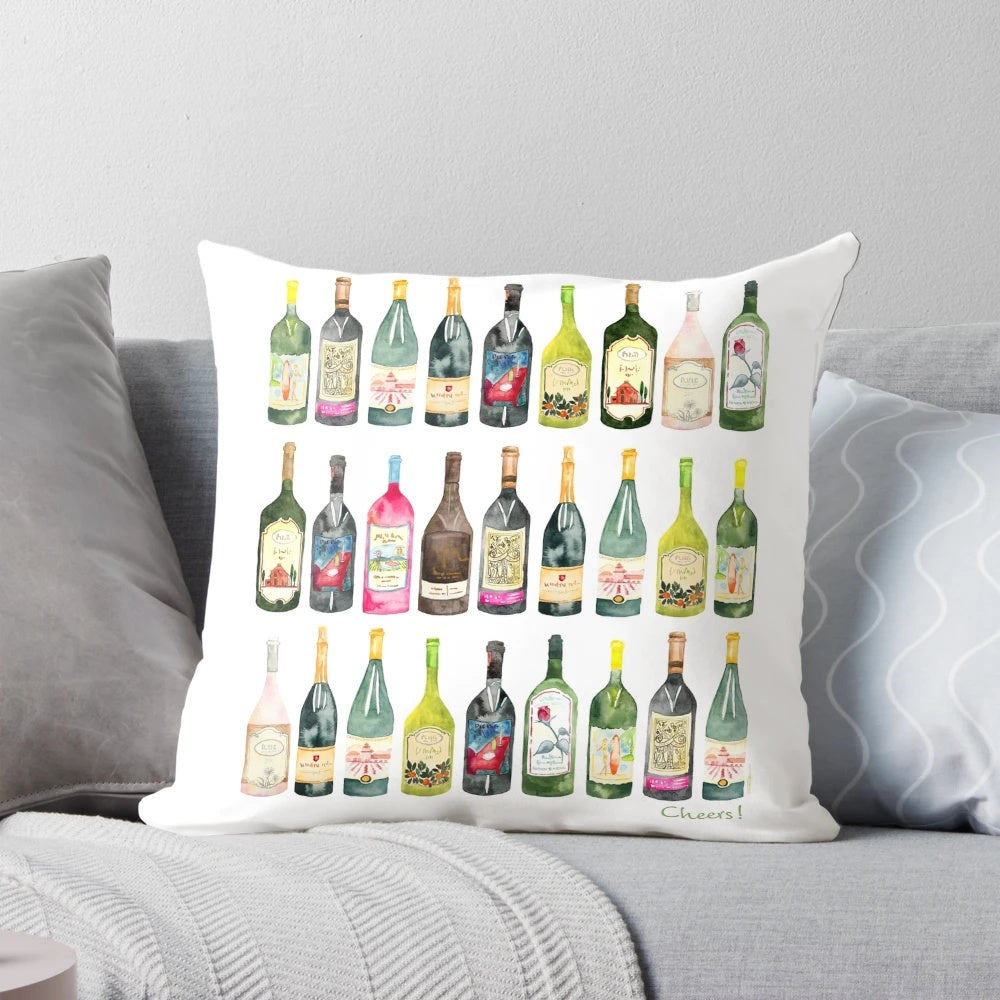 Decorative throw pillow featuring wine bottles and the word "Cheers