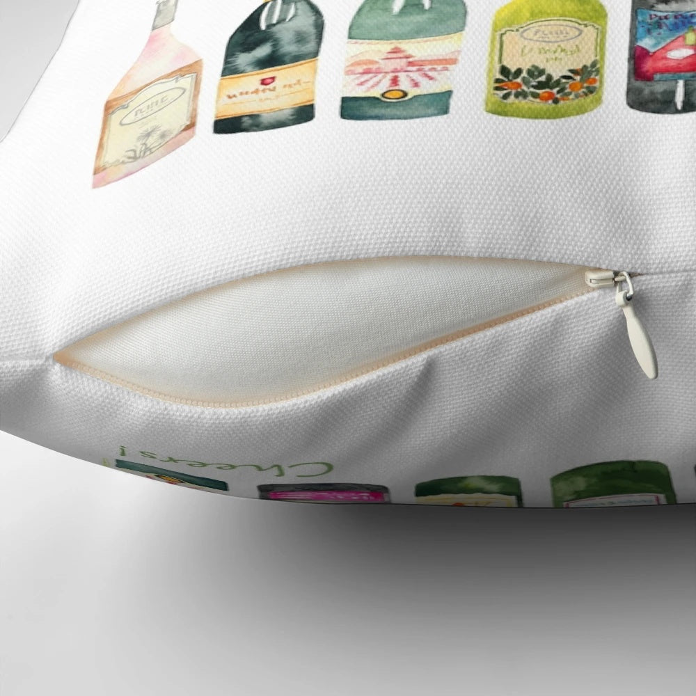 Decorative throw pillow featuring wine bottles and the word "Cheers