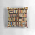 Cozy brown and wooden patterned pillow with book designs, ideal for reading, studying, or home decor.