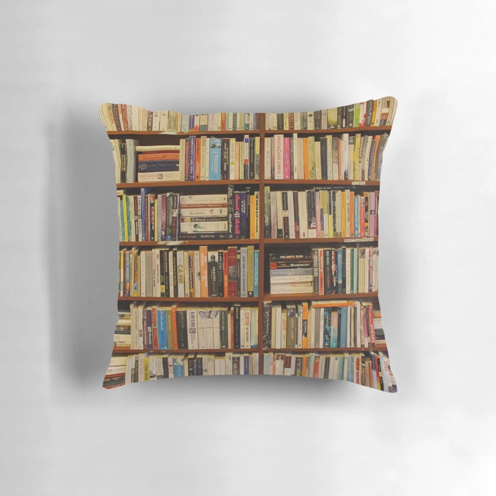 Cozy brown and wooden patterned pillow with book designs, ideal for reading, studying, or home decor.