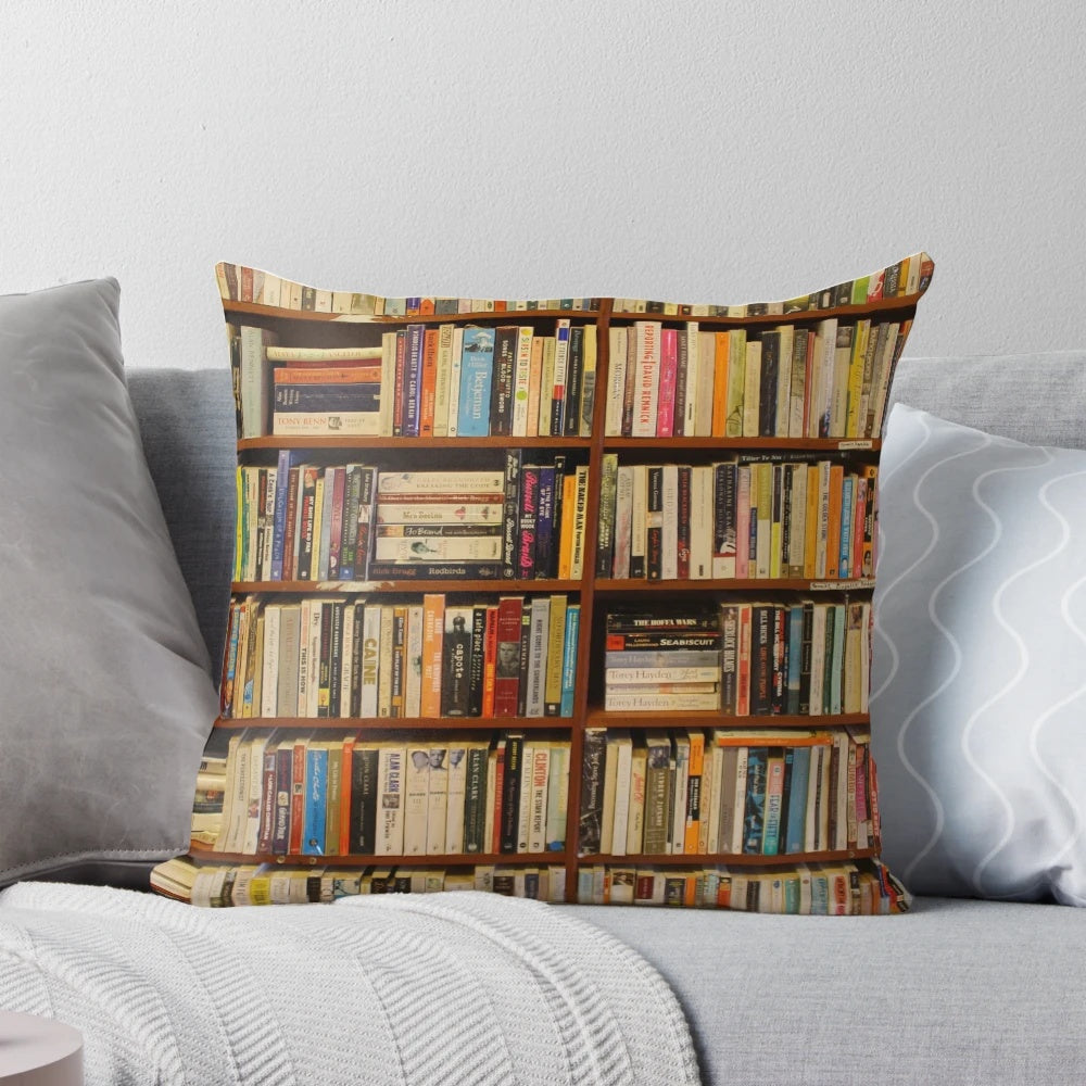Cozy brown and wooden patterned pillow with book designs, ideal for reading, studying, or home decor.