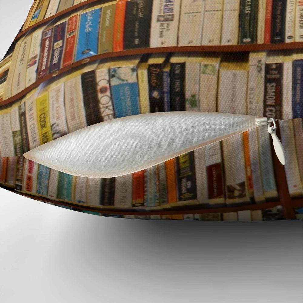 Cozy brown and wooden patterned pillow with book designs, ideal for reading, studying, or home decor.