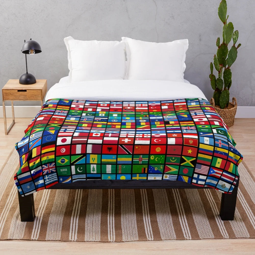 Plush blanket featuring the flags of countries around the world