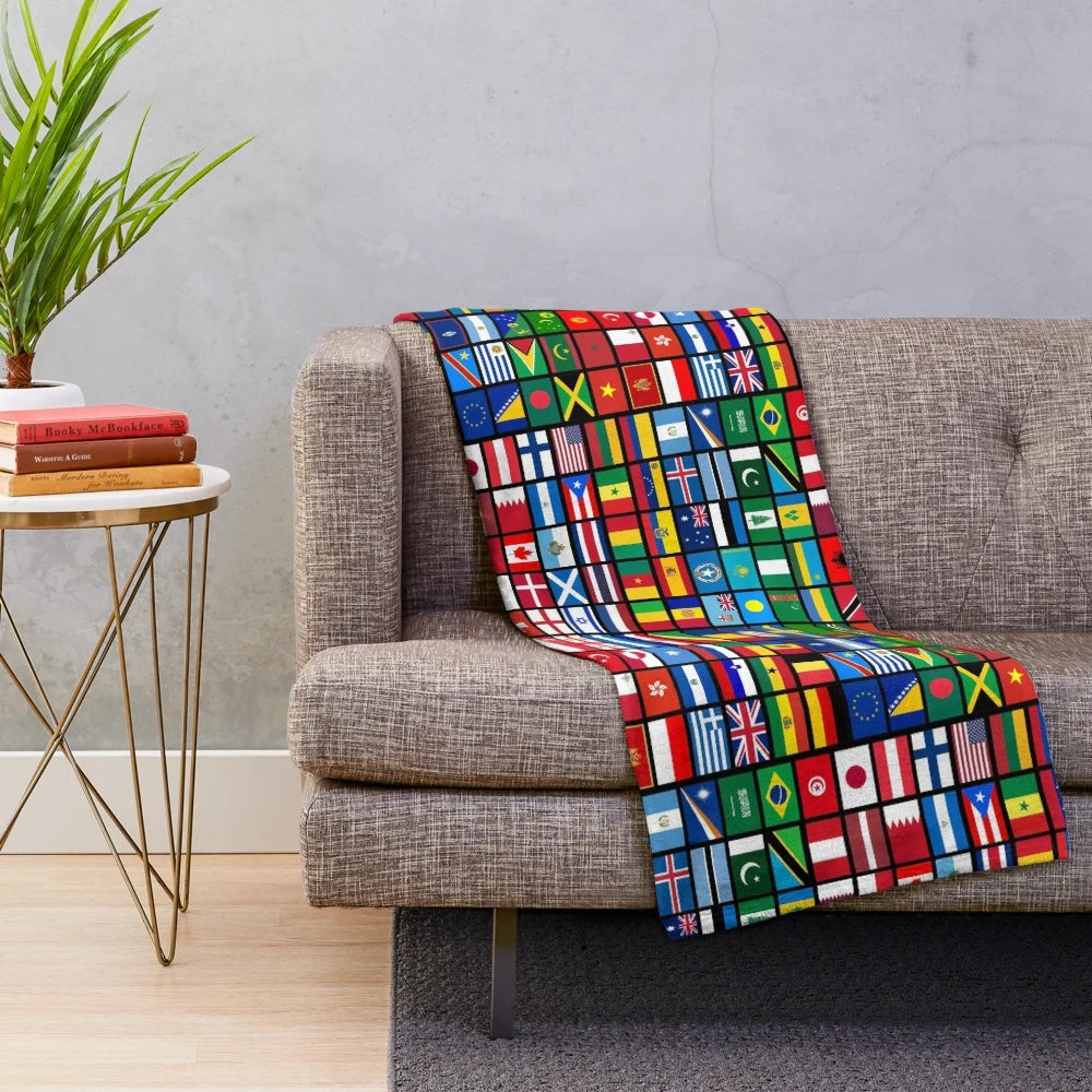 Plush blanket featuring the flags of countries around the world