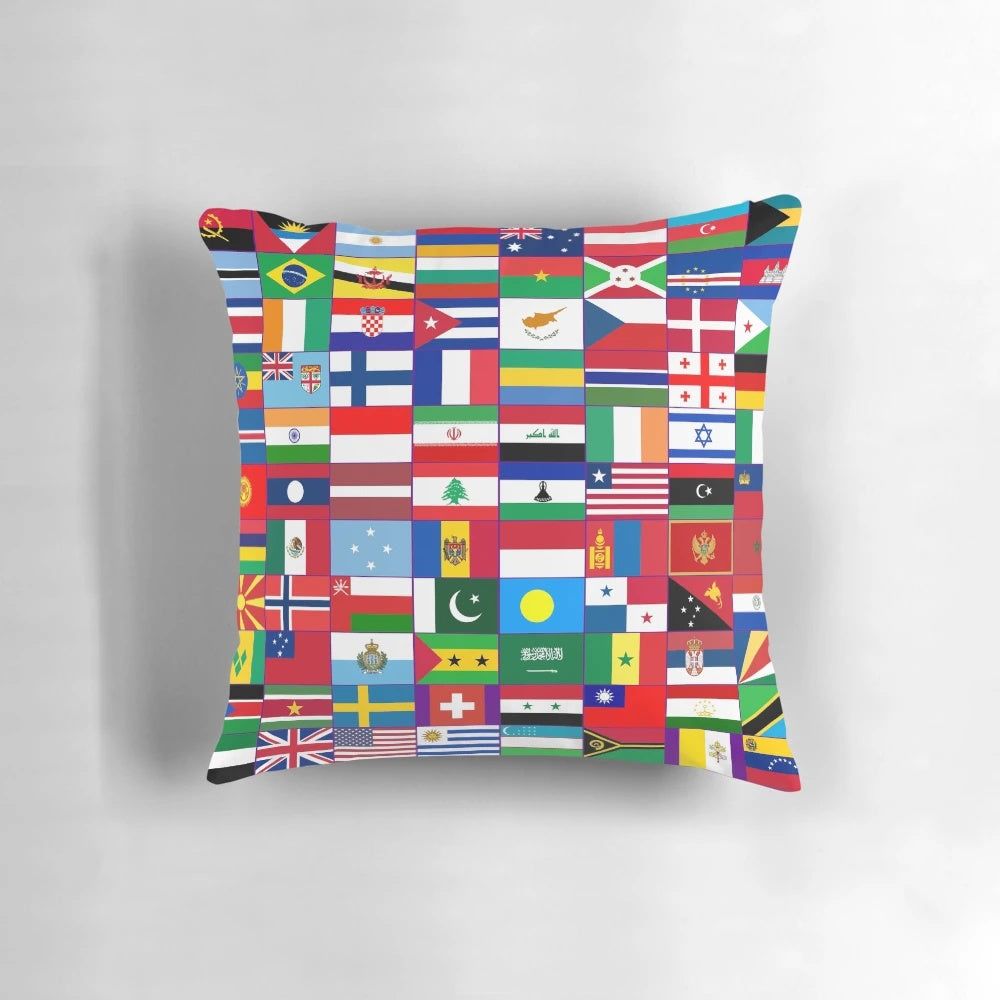 Colorful decorative throw pillow featuring flags from around the world
