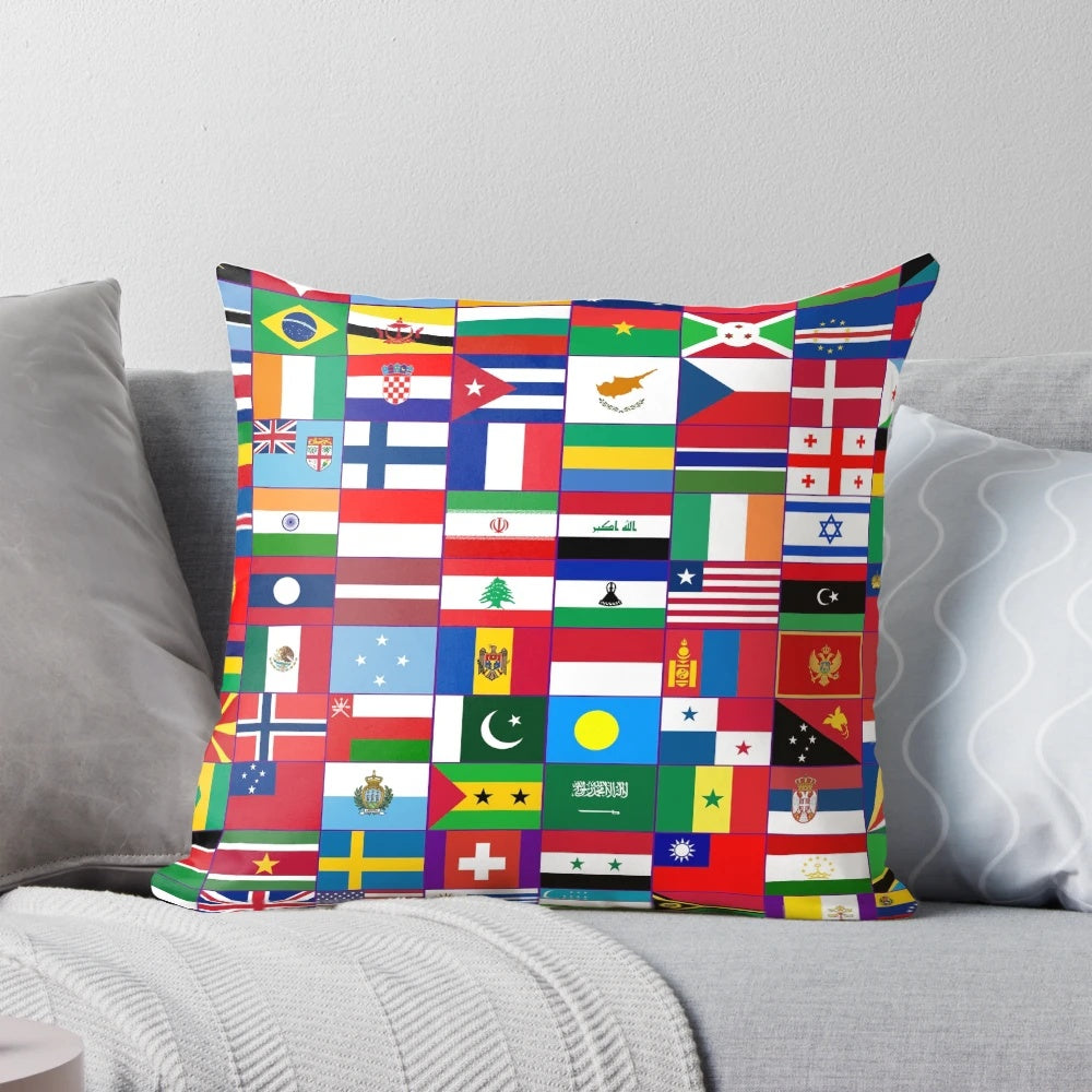 Colorful decorative throw pillow featuring flags from around the world