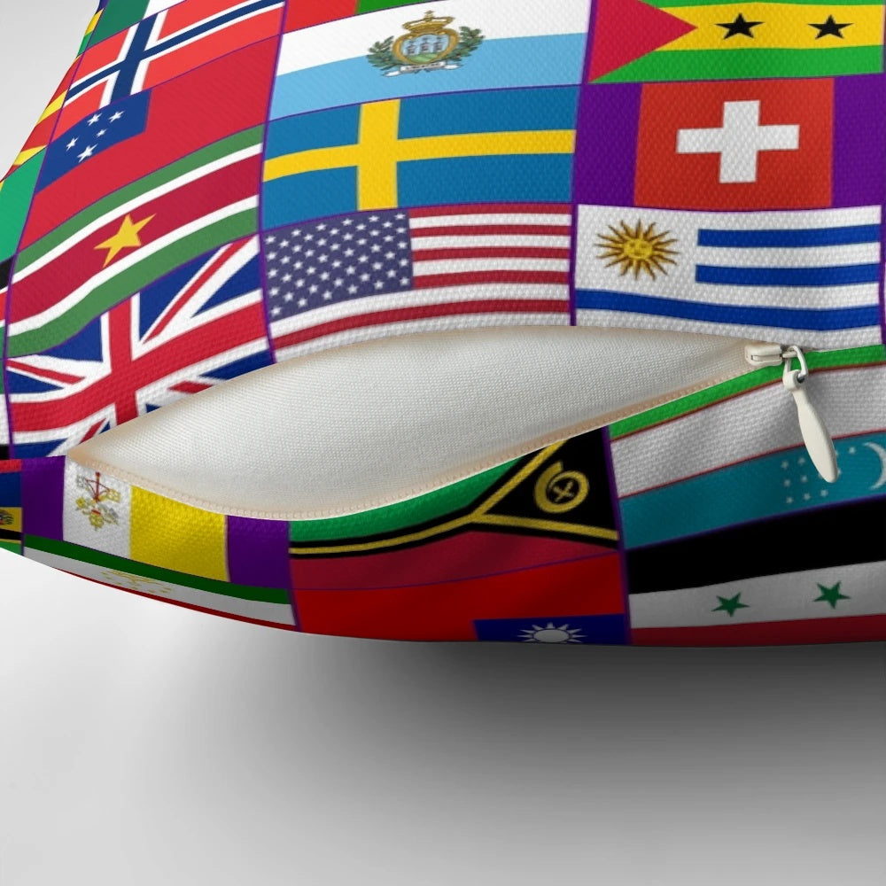 Colorful decorative throw pillow featuring flags from around the world