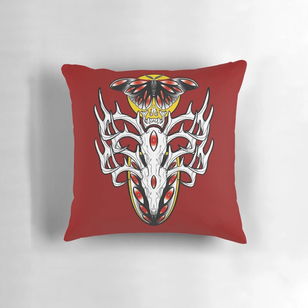 Deer skull decorative throw pillow featuring high-quality tattoo-inspired digital art design