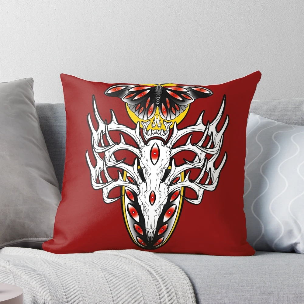 Deer skull decorative throw pillow featuring high-quality tattoo-inspired digital art design