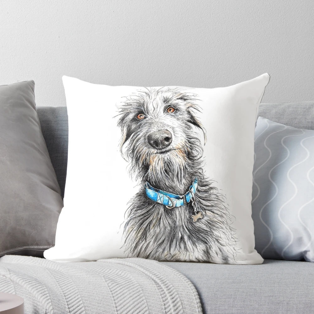 Soft, comfortable pillow featuring a deerhound, wolfhound, and scruffy lurcher design, perfect for Scottish deerhound owners.