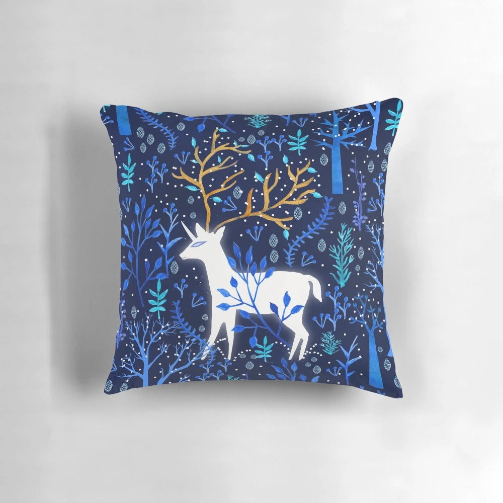 Deericorn fantasy watercolor pattern pillow with blue, turquoise, and gold colors featuring a deer and unicorn design.