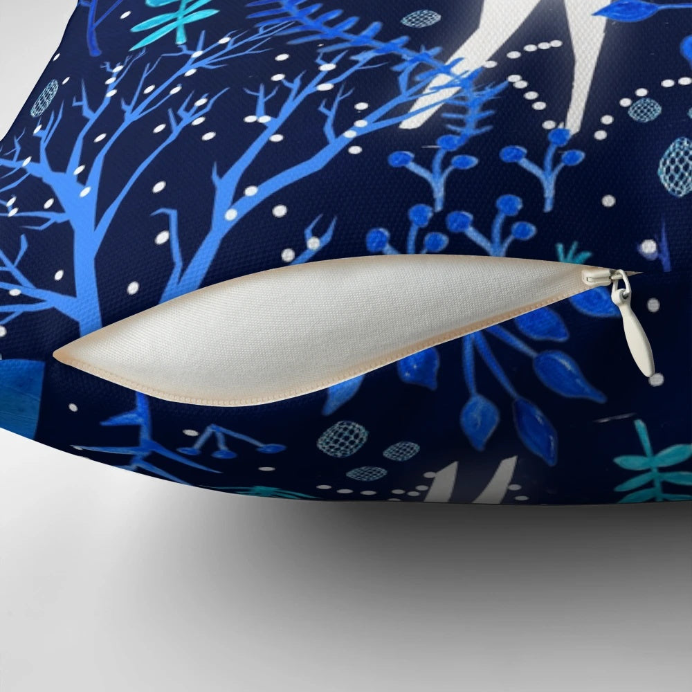 Deericorn fantasy watercolor pattern pillow with blue, turquoise, and gold colors featuring a deer and unicorn design.