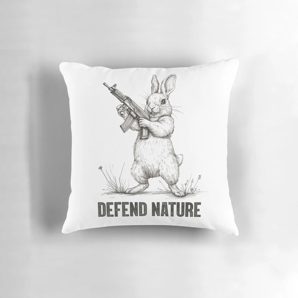 Rabbit-shaped pillow with the text "Defend Nature" on a forest background