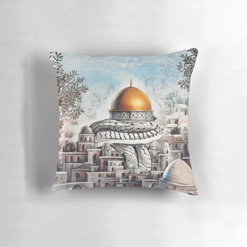Decorative pillow featuring the Dome of the Rock in Jerusalem, a symbol of Palestinian resistance and heritage.
