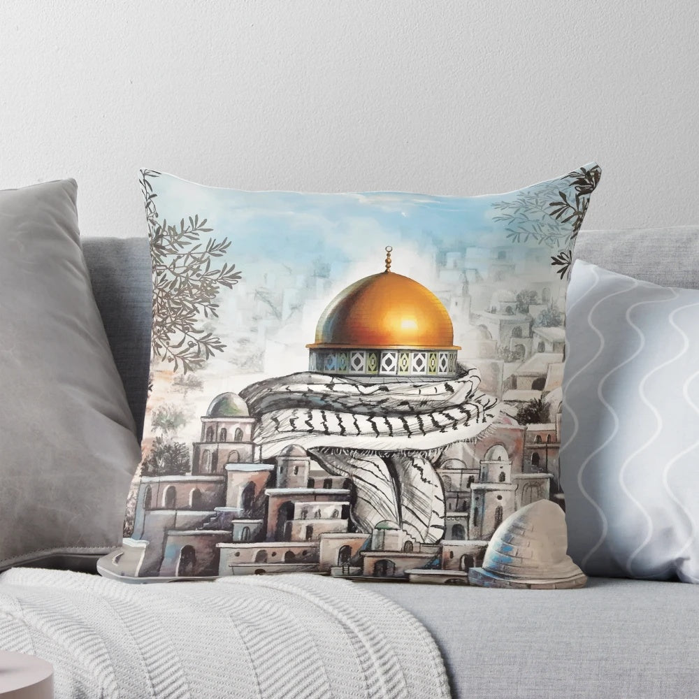 Decorative pillow featuring the Dome of the Rock in Jerusalem, a symbol of Palestinian resistance and heritage.