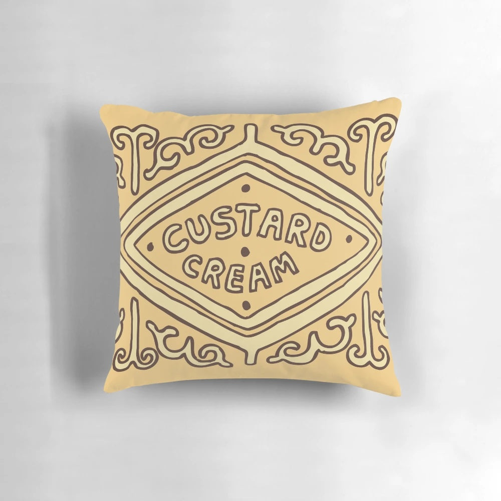 Vibrant custard cream biscuit-themed pillow, a whimsical addition to any home.