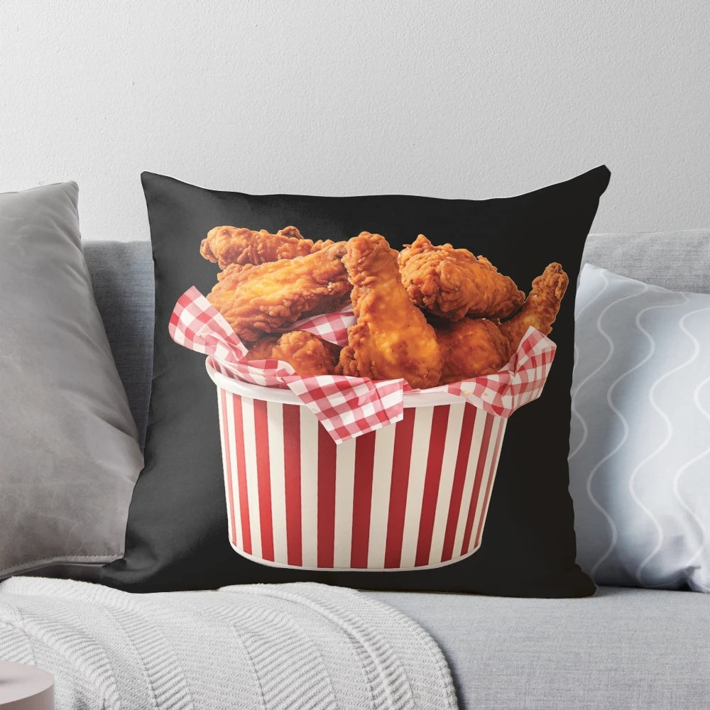 A realistic-looking fried chicken bucket pillow with crispy, golden-brown chicken pieces.