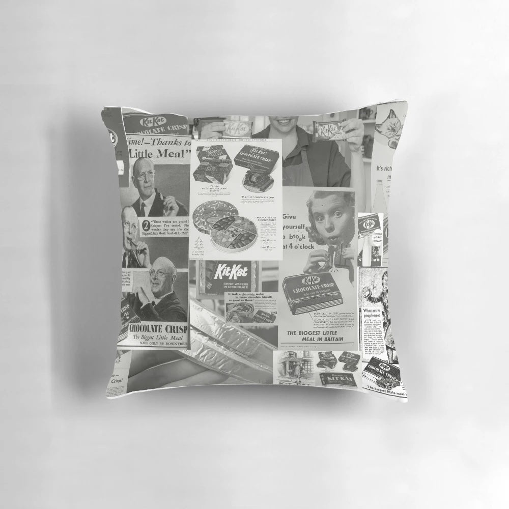 Vibrant kit kat collage printed on a plush, comfortable pillow