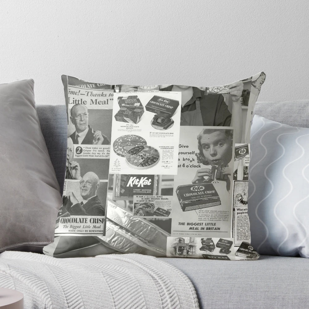Vibrant kit kat collage printed on a plush, comfortable pillow