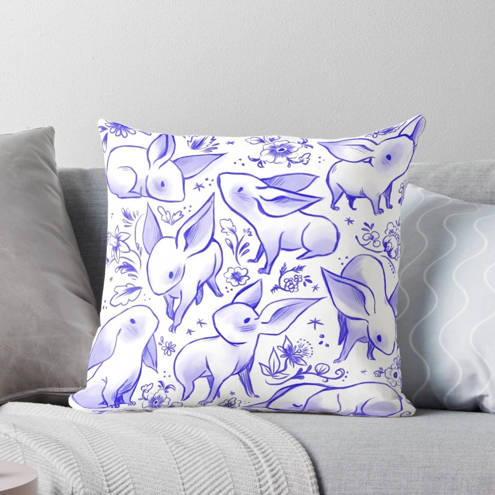 Delft-style dragon age nugs design printed on a soft, comfortable pillow