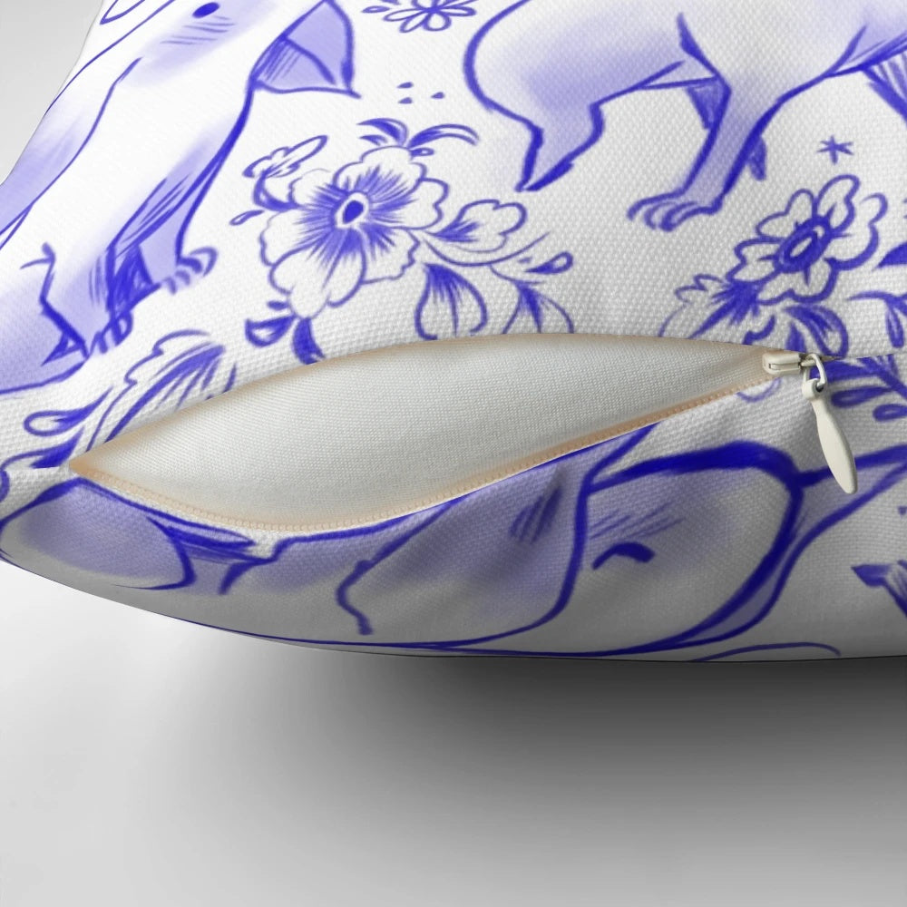 Delft-style dragon age nugs design printed on a soft, comfortable pillow