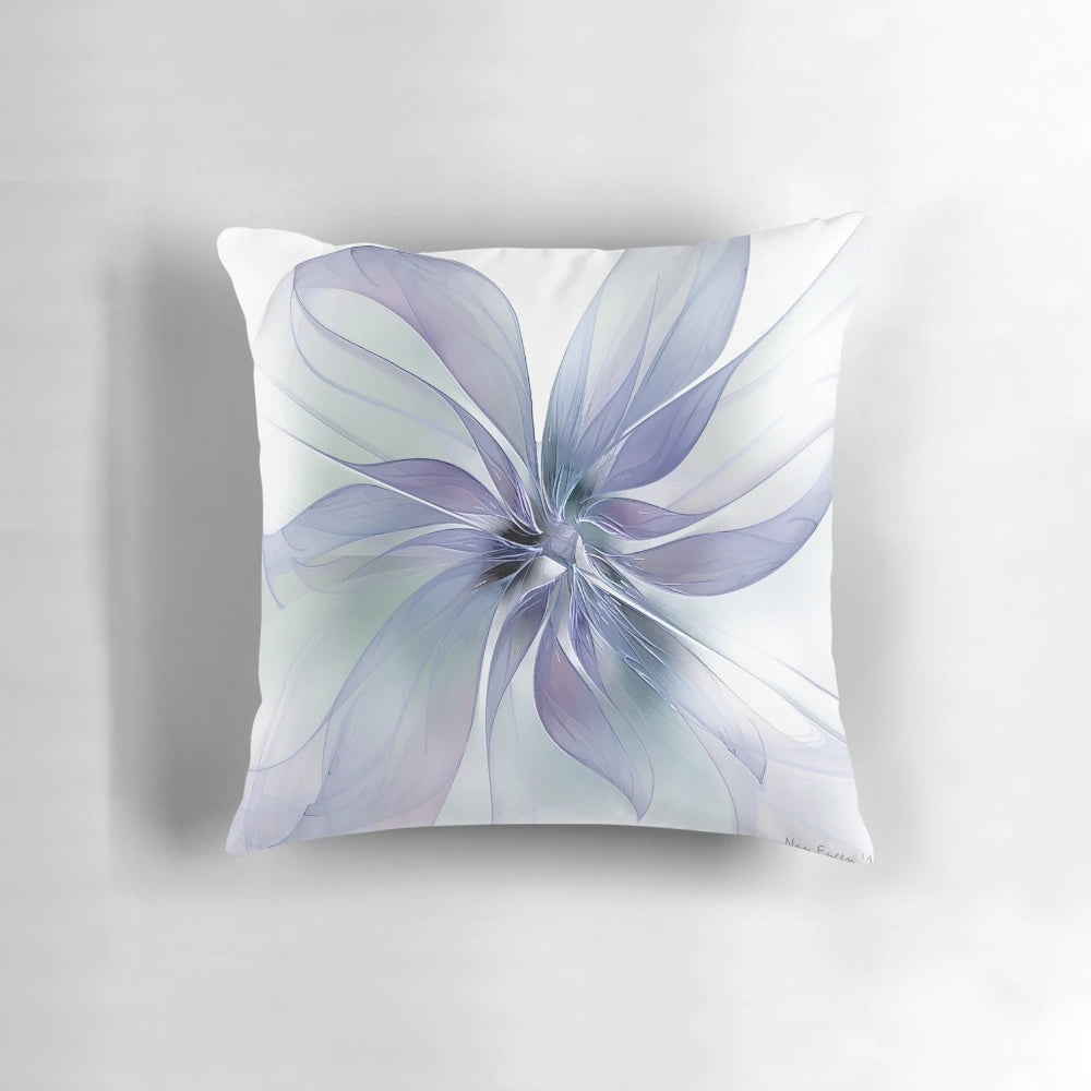 Periwinkle blue floral pillow with delicate, translucent petals for a serene, natural home accent.