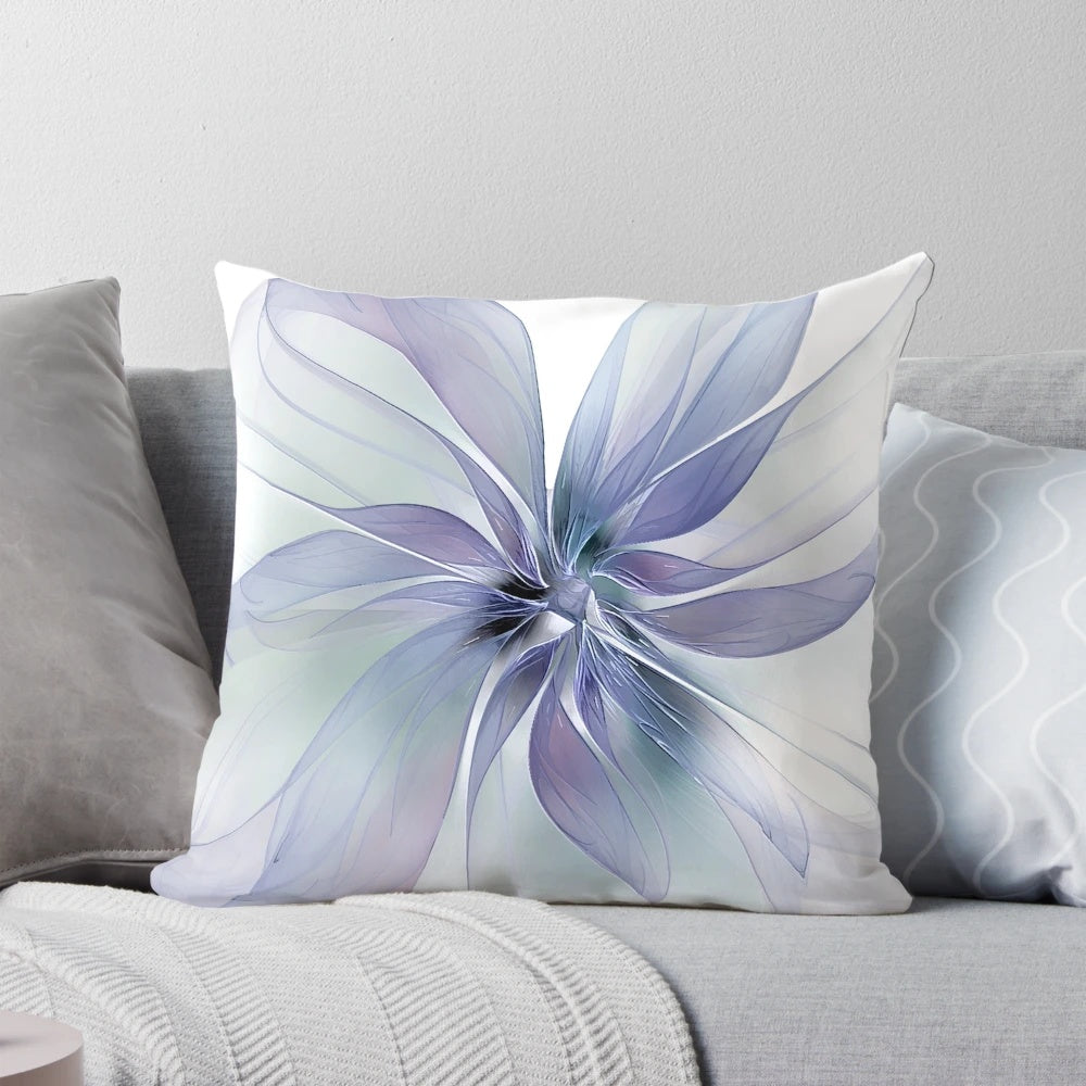 Periwinkle blue floral pillow with delicate, translucent petals for a serene, natural home accent.
