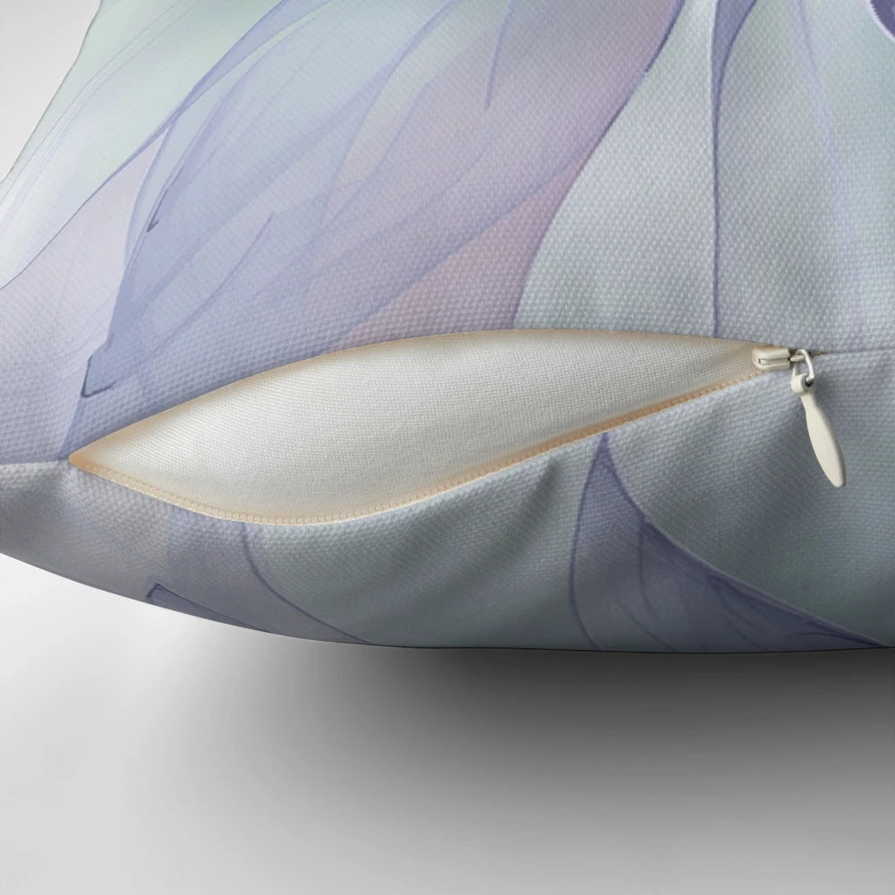 Periwinkle blue floral pillow with delicate, translucent petals for a serene, natural home accent.