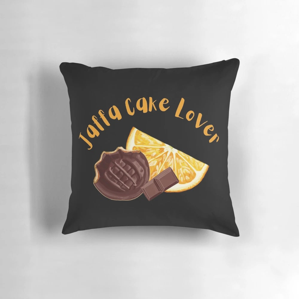 Plush pillow featuring a design for jaffa cake lovers