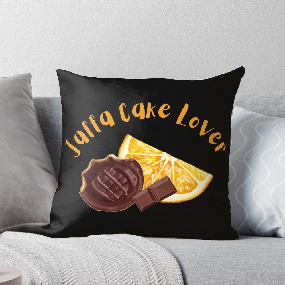 Plush pillow featuring a design for jaffa cake lovers