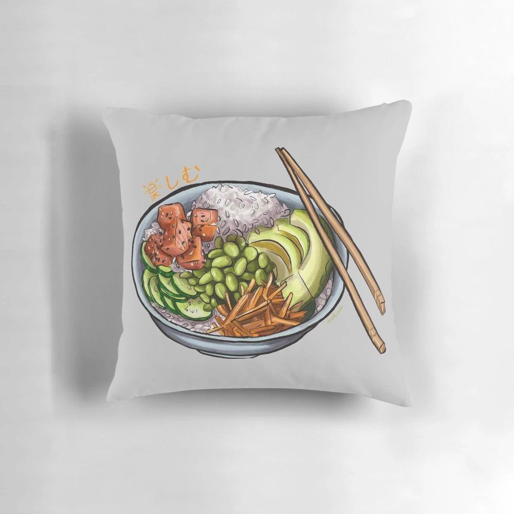 Decorative pillow featuring a mouthwatering poke bowl with salmon and fresh vegetables in a Japanese-inspired style.