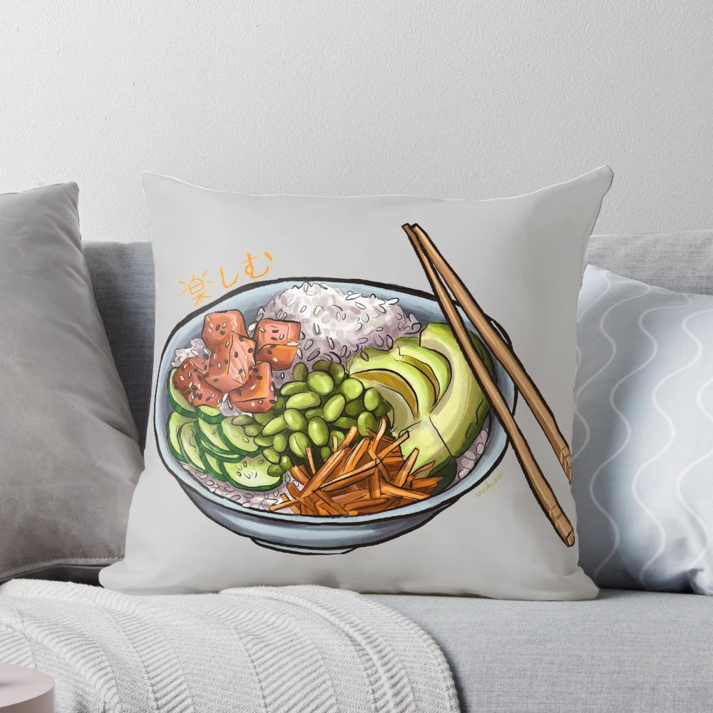 Decorative pillow featuring a mouthwatering poke bowl with salmon and fresh vegetables in a Japanese-inspired style.
