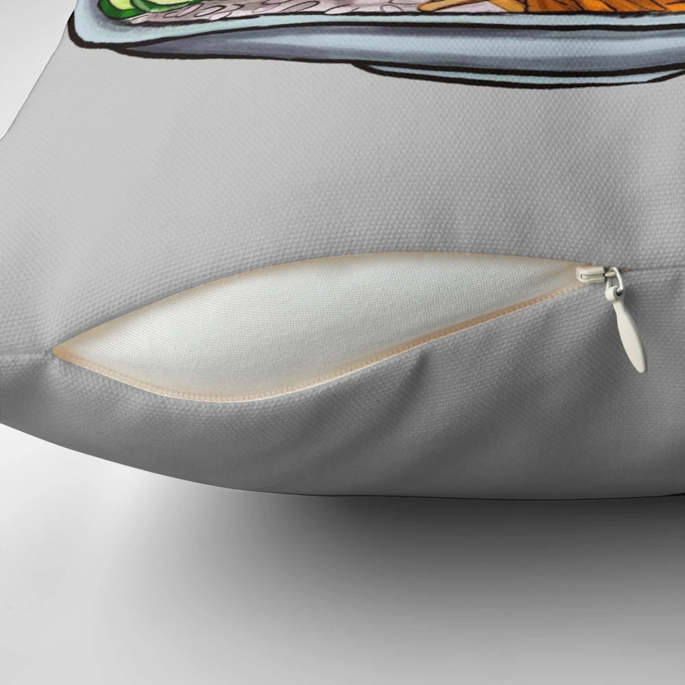 Decorative pillow featuring a mouthwatering poke bowl with salmon and fresh vegetables in a Japanese-inspired style.