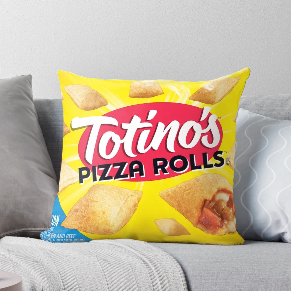 Soft and cozy pillow designed with a pizza rolls print, perfect for snacking enthusiasts.