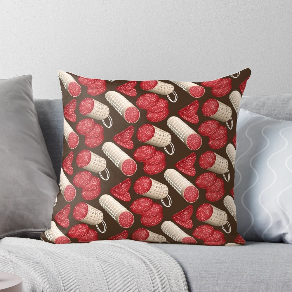A soft, comfortable pillow featuring a vibrant salami pattern, perfect for food enthusiasts.