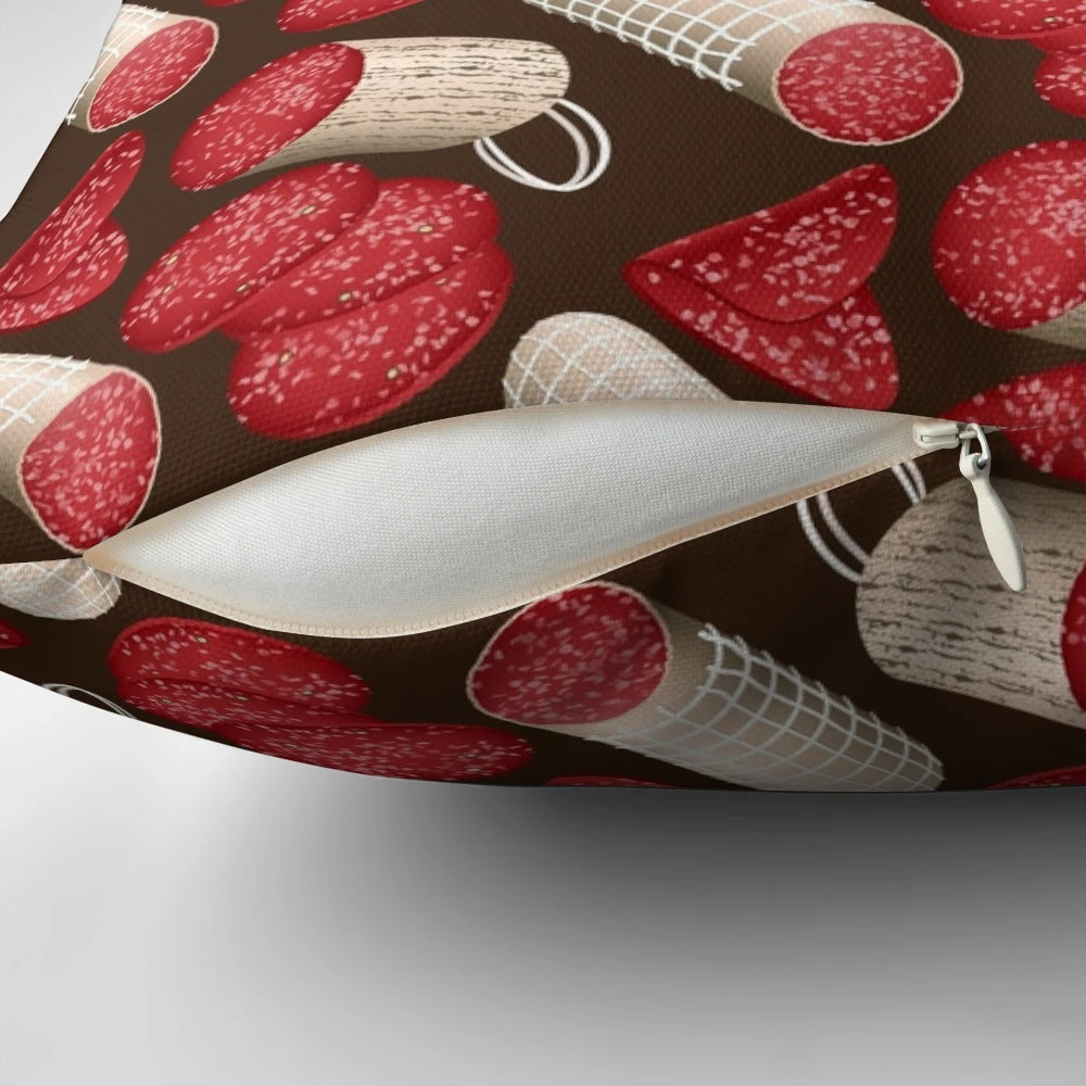 A soft, comfortable pillow featuring a vibrant salami pattern, perfect for food enthusiasts.