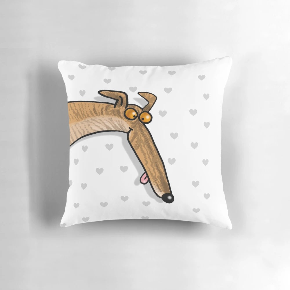 Whimsical brindle dog cartoon pillow for greyhound and lurcher owners