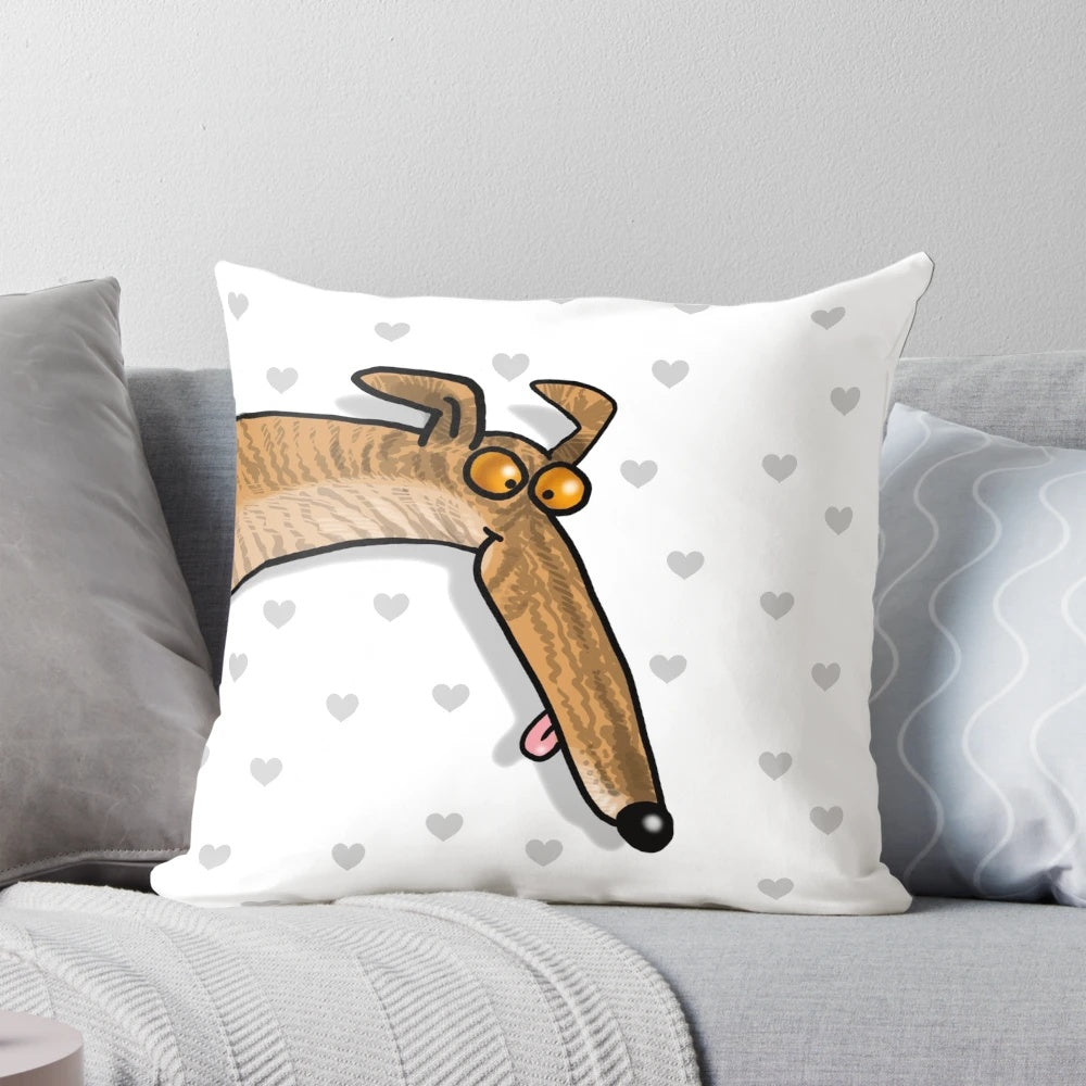 Whimsical brindle dog cartoon pillow for greyhound and lurcher owners