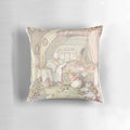 A colorful pillow featuring a Brambly Hedge-inspired birthday scene with mice, trees, and hawthorn blossom.