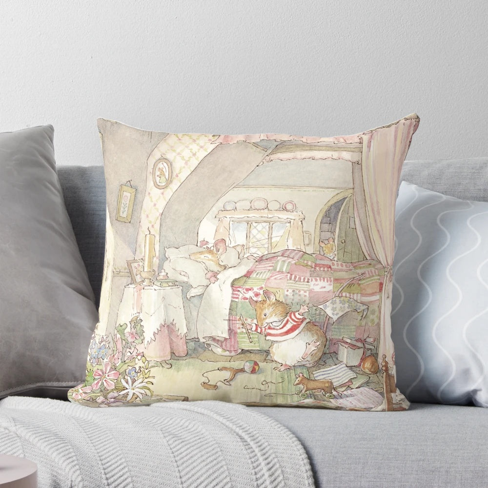 A colorful pillow featuring a Brambly Hedge-inspired birthday scene with mice, trees, and hawthorn blossom.