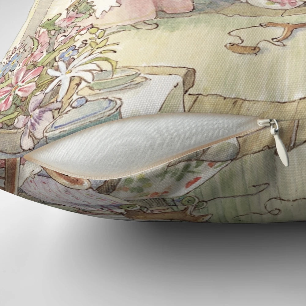 A colorful pillow featuring a Brambly Hedge-inspired birthday scene with mice, trees, and hawthorn blossom.