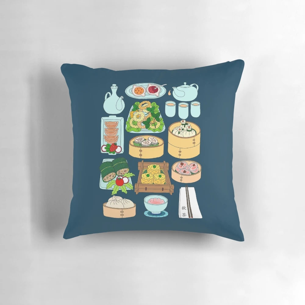 Vibrant and colorful pillow featuring a playful dim sum illustration, perfect for adding a touch of joy to your home decor.