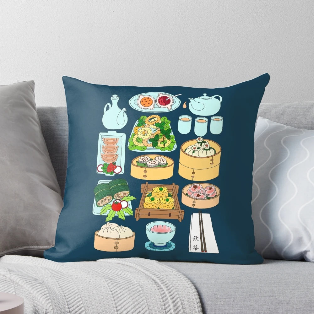 Vibrant and colorful pillow featuring a playful dim sum illustration, perfect for adding a touch of joy to your home decor.