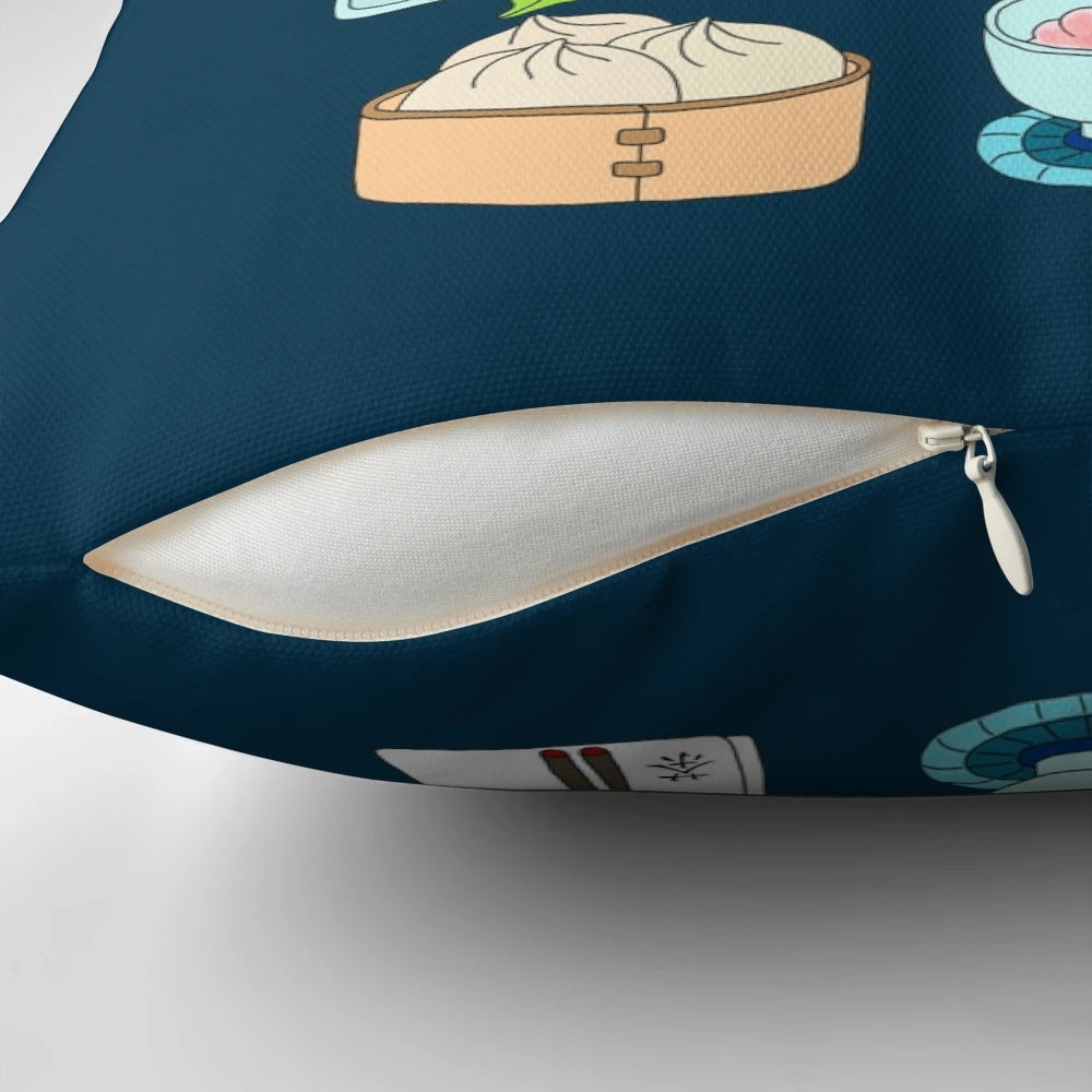 Vibrant and colorful pillow featuring a playful dim sum illustration, perfect for adding a touch of joy to your home decor.