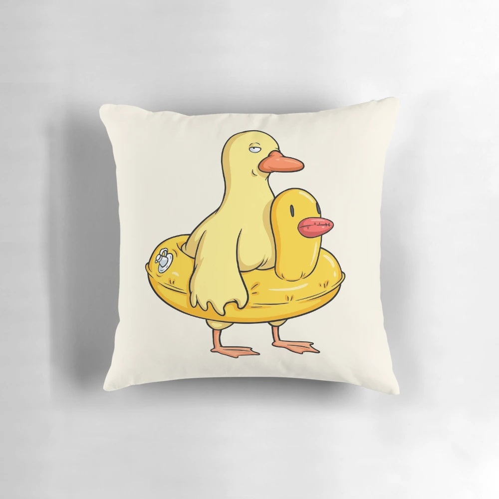 Whimsical double duck-shaped pillow in a vibrant yellow color
