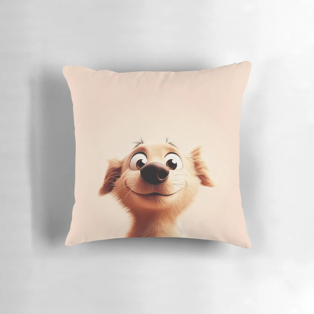 Adorable golden retriever puppy with surprised, wide-eyed expression printed on a pillow