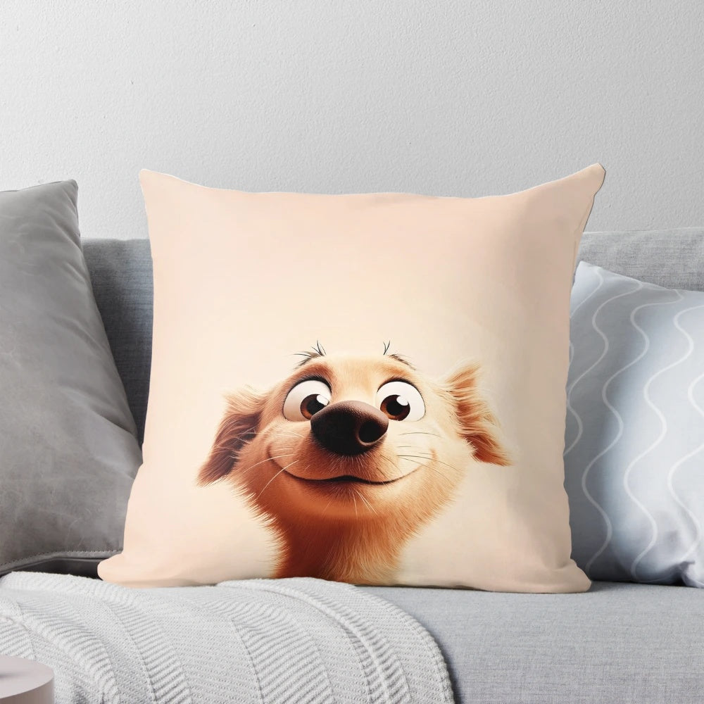 Adorable golden retriever puppy with surprised, wide-eyed expression printed on a pillow